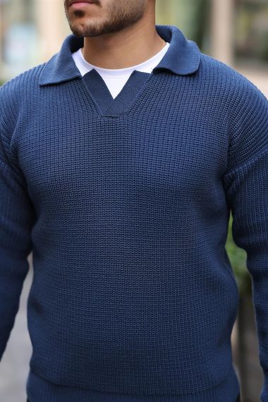كنزة رجالية من الصوف مع ياقة قميص بتصميم سيلانيك - إنديغو، مصنوعة من قماش 100% قطن ناعم، مثالية لمظهر كاجوال أنيق - صورة 2