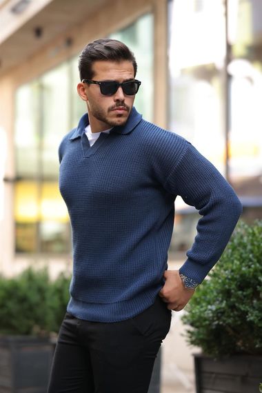 كنزة رجالية من الصوف مع ياقة قميص بتصميم سيلانيك - إنديغو، مصنوعة من قماش 100% قطن ناعم، مثالية لمظهر كاجوال أنيق - صورة 1