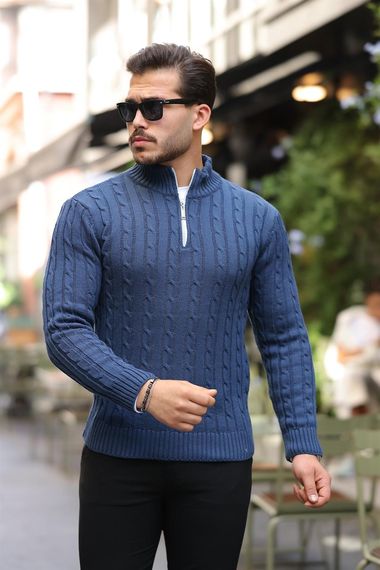 Мужской свитер полуполный молния с косами - индиго, 100% хлопок, комфортный и стильный выбор для холодных дней - фото 2