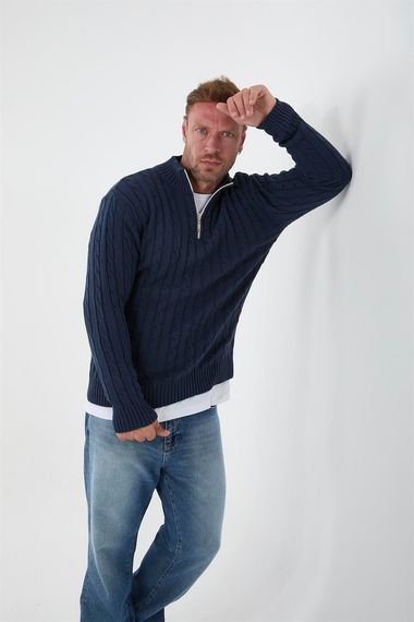 Мужской свитер полуполный молния с косами - индиго, 100% хлопок, комфортный и стильный выбор для холодных дней - фото 4