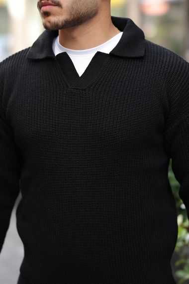 Gömlek Yaka Selanik Örgülü Erkek Triko Kazak - Siyah - fotoğraf 3