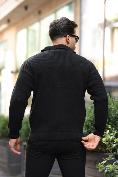 Gömlek Yaka Selanik Örgülü Erkek Triko Kazak - Siyah - fotoğraf 4