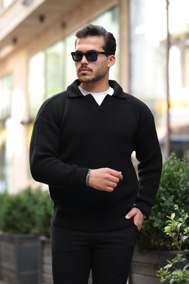 Gömlek Yaka Selanik Örgülü Erkek Triko Kazak - Siyah - fotoğraf 1