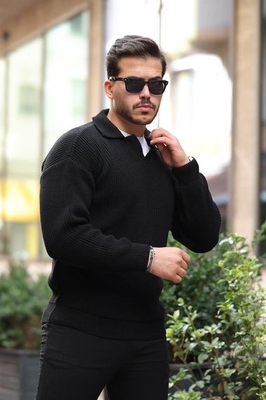Gömlek Yaka Selanik Örgülü Erkek Triko Kazak - Siyah - fotoğraf 5