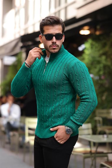 Saç Örgülü Yarım Fermuar Erkek Triko Kazak - Yeşil - fotoğraf 1