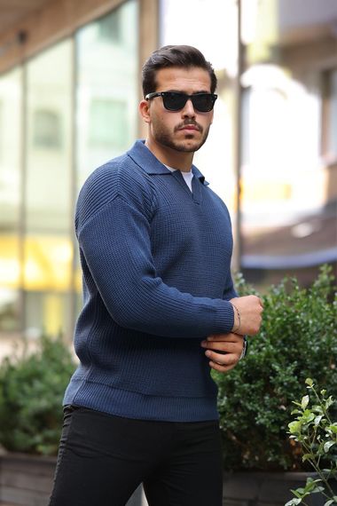 كنزة رجالية من الصوف مع ياقة قميص بتصميم سيلانيك - إنديغو، مصنوعة من قماش 100% قطن ناعم، مثالية لمظهر كاجوال أنيق - صورة 4