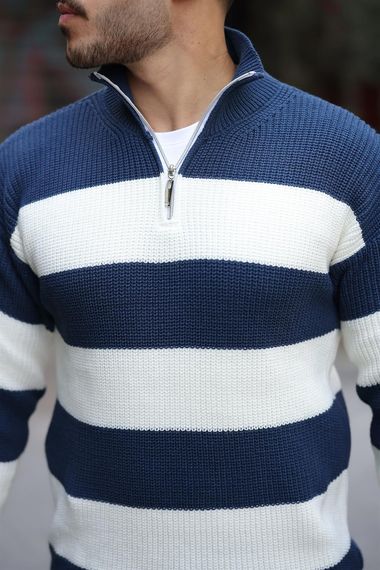 كنزات صوفية رجالية بزي شريطي ونصف سحاب – إنديجو، مثالية للشتاء بتصميم عصري ومريح. نسيج ناعم قابل للتكيف مع خزانة ملابسك - صورة 3