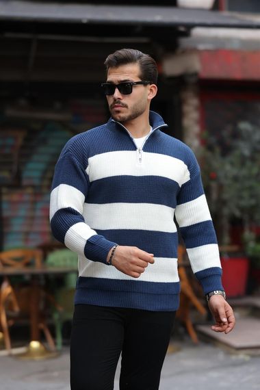 كنزات صوفية رجالية بزي شريطي ونصف سحاب – إنديجو، مثالية للشتاء بتصميم عصري ومريح. نسيج ناعم قابل للتكيف مع خزانة ملابسك - صورة 2