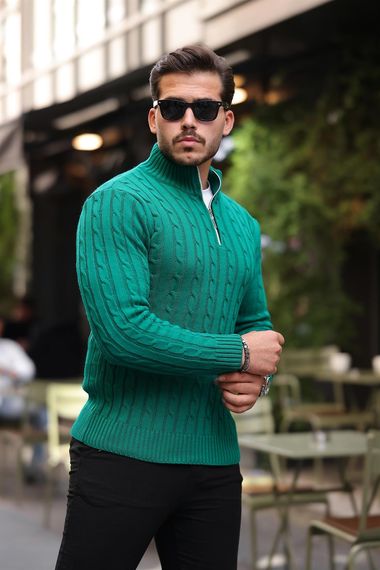 Saç Örgülü Yarım Fermuar Erkek Triko Kazak - Yeşil - fotoğraf 2