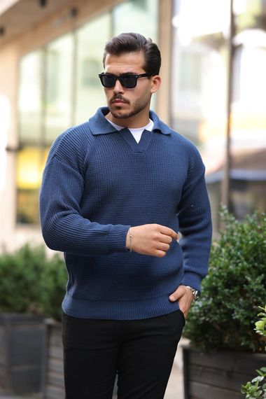 كنزة رجالية من الصوف مع ياقة قميص بتصميم سيلانيك - إنديغو، مصنوعة من قماش 100% قطن ناعم، مثالية لمظهر كاجوال أنيق - صورة 3