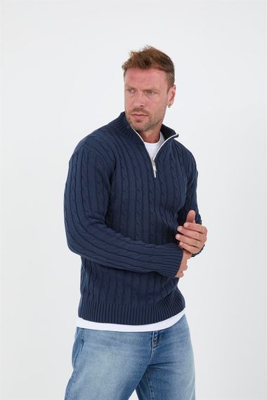 Мужской свитер полуполный молния с косами - индиго, 100% хлопок, комфортный и стильный выбор для холодных дней - фото 5