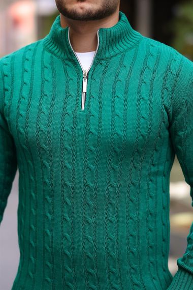 Saç Örgülü Yarım Fermuar Erkek Triko Kazak - Yeşil - fotoğraf 3