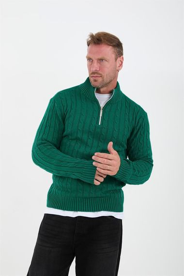 Saç Örgülü Yarım Fermuar Erkek Triko Kazak - Yeşil - fotoğraf 4