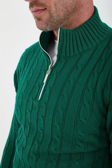 Saç Örgülü Yarım Fermuar Erkek Triko Kazak - Yeşil - fotoğraf 5