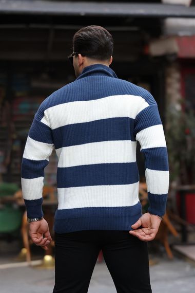 كنزات صوفية رجالية بزي شريطي ونصف سحاب – إنديجو، مثالية للشتاء بتصميم عصري ومريح. نسيج ناعم قابل للتكيف مع خزانة ملابسك - صورة 4