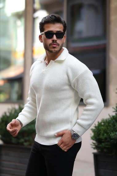 Gömlek Yaka Selanik Örgülü Erkek Triko Kazak - Ekru - photo 1