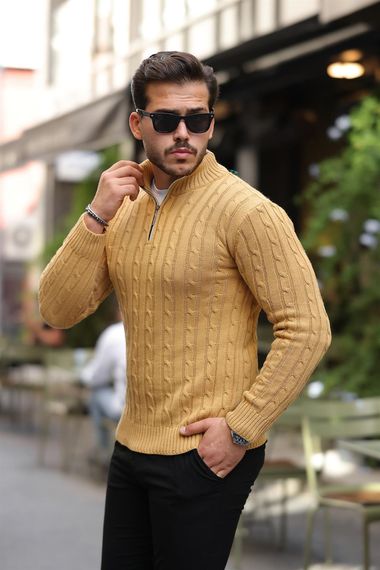 Saç Örgülü Yarım Fermuar Erkek Triko Kazak - Toprak - photo 1