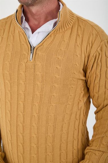 Saç Örgülü Yarım Fermuar Erkek Triko Kazak - Toprak - photo 5