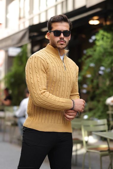 Saç Örgülü Yarım Fermuar Erkek Triko Kazak - Toprak - photo 3