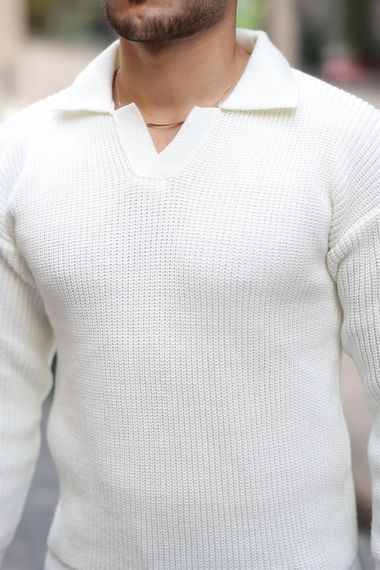 Gömlek Yaka Selanik Örgülü Erkek Triko Kazak - Ekru - photo 2