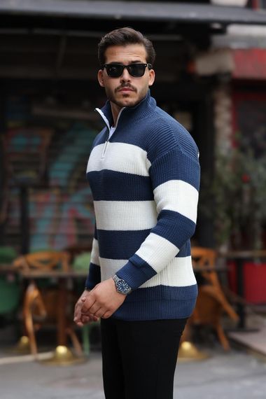 كنزات صوفية رجالية بزي شريطي ونصف سحاب – إنديجو، مثالية للشتاء بتصميم عصري ومريح. نسيج ناعم قابل للتكيف مع خزانة ملابسك - صورة 5