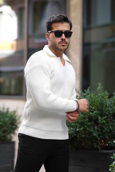 Gömlek Yaka Selanik Örgülü Erkek Triko Kazak - Ekru - photo 3