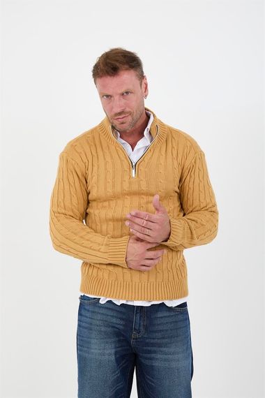 Saç Örgülü Yarım Fermuar Erkek Triko Kazak - Toprak - photo 4