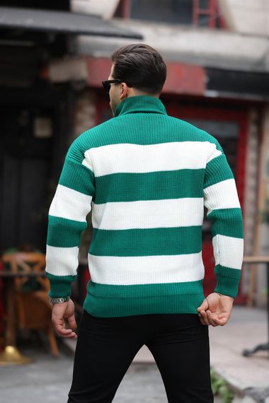 Çizgili Selanik Örgülü Yarım Fermuar Triko Erkek Kazak - Yeşil - fotoğraf 3