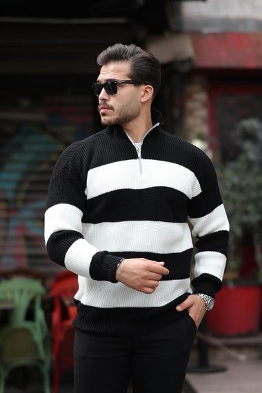 Полосатый мужской свитер с полузастежкой и техникой вязания "Селаник" - черный - фото 4