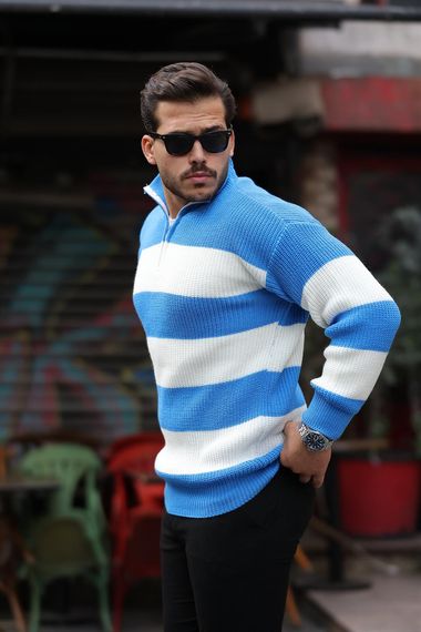 Мужской джемпер с полузастежкой и полосатым узором из трикотажа - синий - фото 2