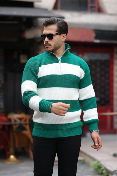 Çizgili Selanik Örgülü Yarım Fermuar Triko Erkek Kazak - Yeşil - fotoğraf 2