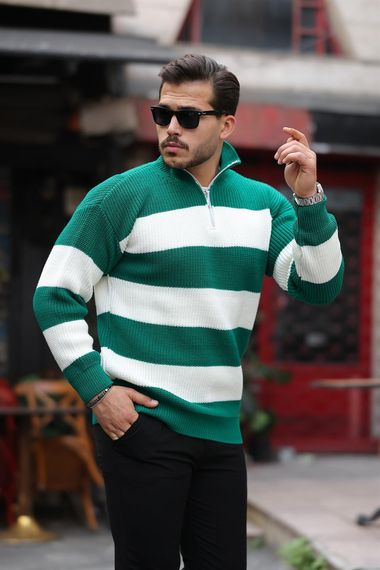 Çizgili Selanik Örgülü Yarım Fermuar Triko Erkek Kazak - Yeşil - fotoğraf 1