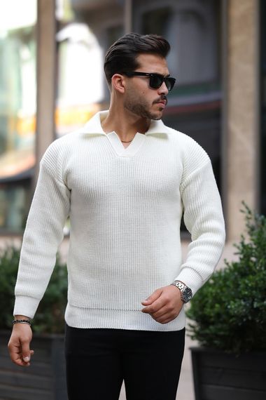 Gömlek Yaka Selanik Örgülü Erkek Triko Kazak - Ekru - photo 4