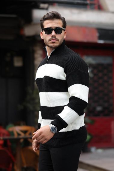 Полосатый мужской свитер с полузастежкой и техникой вязания "Селаник" - черный - фото 2