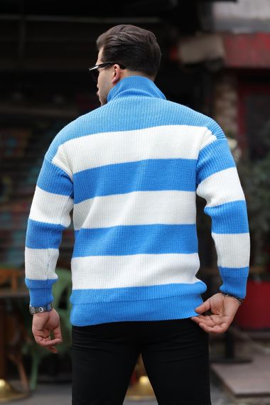 Мужской джемпер с полузастежкой и полосатым узором из трикотажа - синий - фото 3