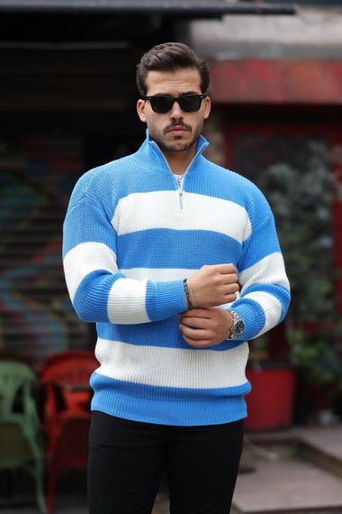 Мужской джемпер с полузастежкой и полосатым узором из трикотажа - синий - фото 1