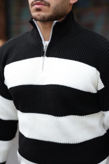 Полосатый мужской свитер с полузастежкой и техникой вязания "Селаник" - черный - фото 3