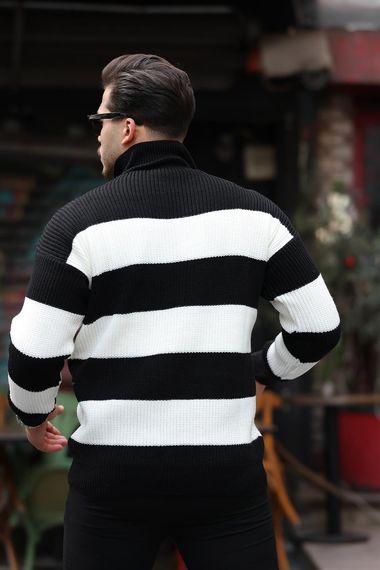 Полосатый мужской свитер с полузастежкой и техникой вязания "Селаник" - черный - фото 5