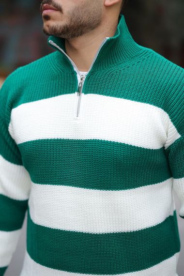 Çizgili Selanik Örgülü Yarım Fermuar Triko Erkek Kazak - Yeşil - fotoğraf 5