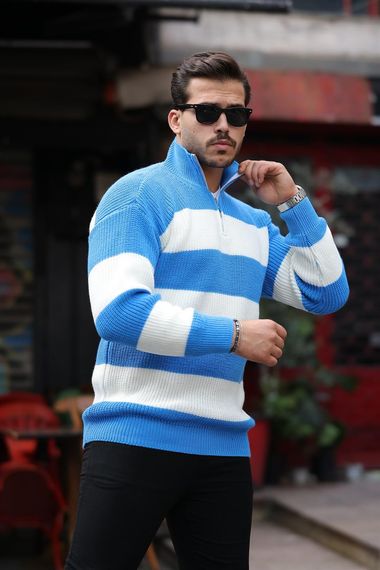 Мужской джемпер с полузастежкой и полосатым узором из трикотажа - синий - фото 5