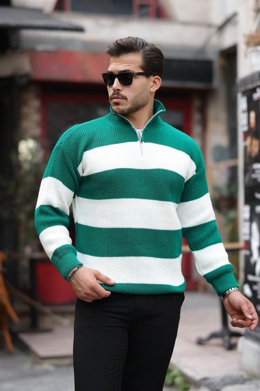 Çizgili Selanik Örgülü Yarım Fermuar Triko Erkek Kazak - Yeşil - fotoğraf 4