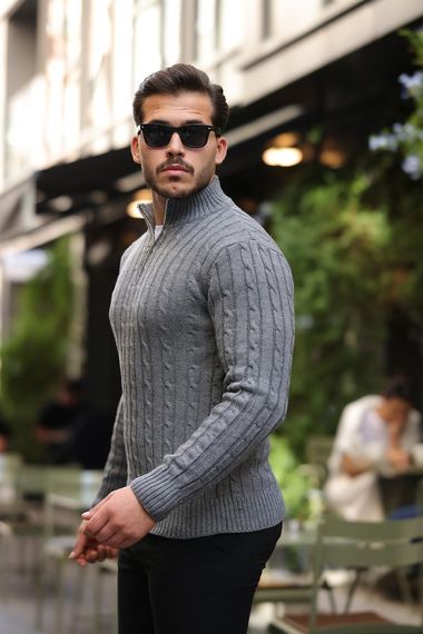 Saç Örgülü Yarım Fermuar Erkek Triko Kazak - Füme - fotoğraf 2