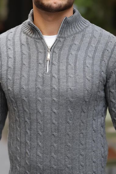 Saç Örgülü Yarım Fermuar Erkek Triko Kazak - Füme - fotoğraf 5