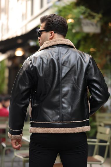 Vintage Kürk Detaylı Erkek Deri Ceket/Mont - Siyah - fotoğraf 5