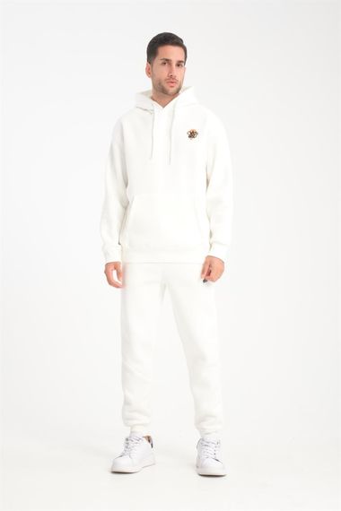 Жіночий спортивний комплект CozyFit з oversize кройкою, м'якої утепленої тканини, з принтом "Why Not" на грудях та штанах, колір - екру - фото 4