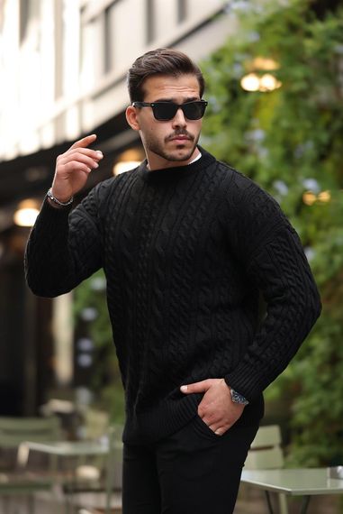 Уютный свитер с косичкой и круглым вырезом Comfort Fit - черный, идеален для стиля и комфорта в холодную погоду - фото 2