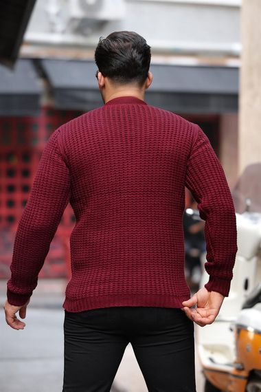 Nopenli Fitil Örgü Düğmeli Hırka - Bordo - photo 4