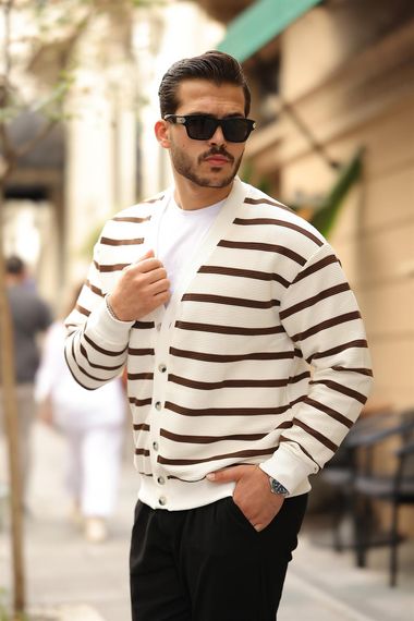 Oversize Çizgili Düğmeli Erkek Hırka - Kahve - fotoğraf 1