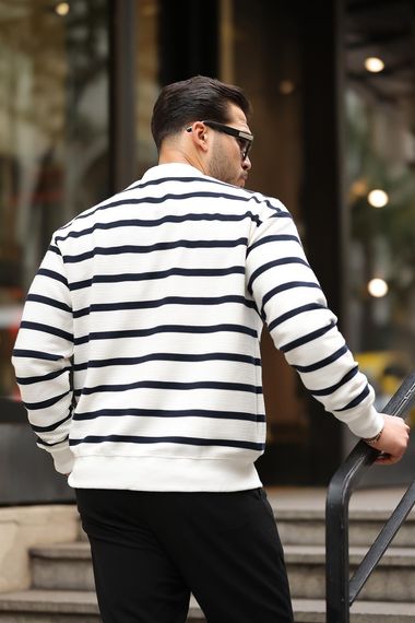 Oversize Çizgili Düğmeli Erkek Hırka - Lacivert - photo 5