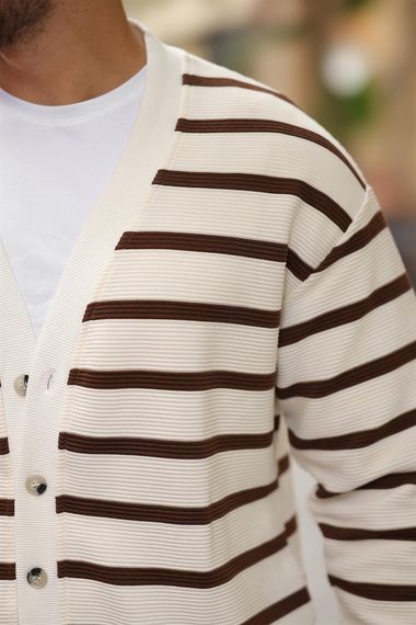 Oversize Çizgili Düğmeli Erkek Hırka - Kahve - fotoğraf 4